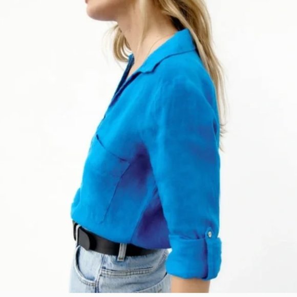 Zara 100% Linen V-Neck Button-up Pockets Long Convertible Sleeve Shirt Size M - Picture 9 of 11